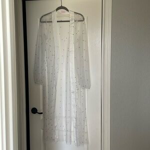 White mesh duster with pearls